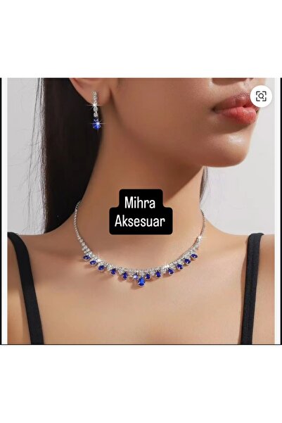 Mihra Aksesuar Kristal Mavi Damla Taşlı Özel Yapım Kolye Küpe Seti