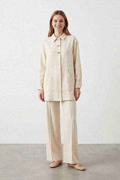 Loreen طقم بنطلون نسائي 100% قطن قطع بقصة مريحة - 20741TKS - بيج