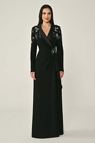 ALFABETA Uzun Kollu Yakası Uzun Krep Abiye Elbise Alfa Beta