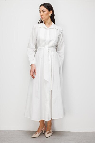 Mizalle Premium Saf Pamuk Ekru Piliseli Uzun Elbise