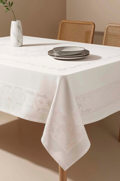 Rivaİstanbul Jumbo Jakar White Liquid Repellent Stain-Resistant Tablecloth 16...