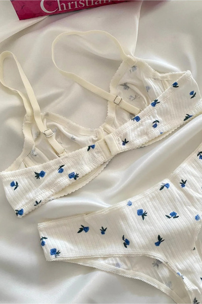 Lorinyo Blue Floral Patterned Underwire Cotton Combed Cotton Bra Set