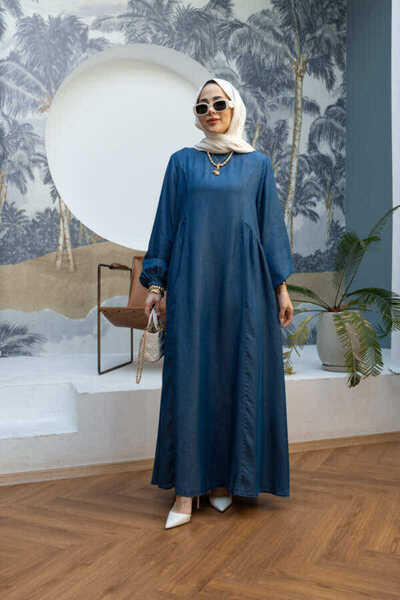 Neways 6657-Shirred Sallaş Dress Dark Blue