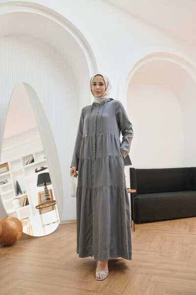 Neways 6649-Kapşonlu Büzgülü  Elbise Gri
