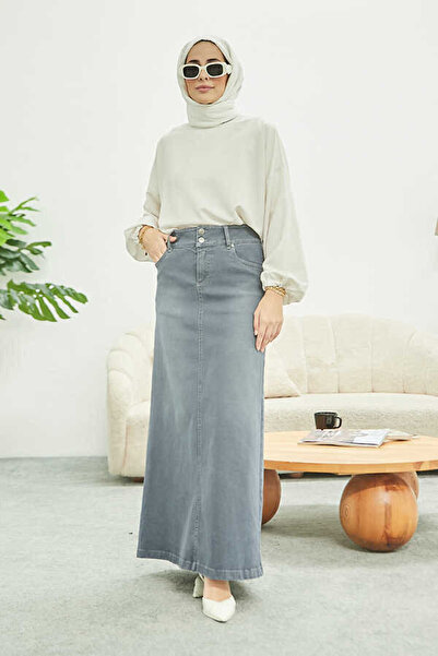 Neways تنورة كلاسيكية من الدنيم باللون الرمادي