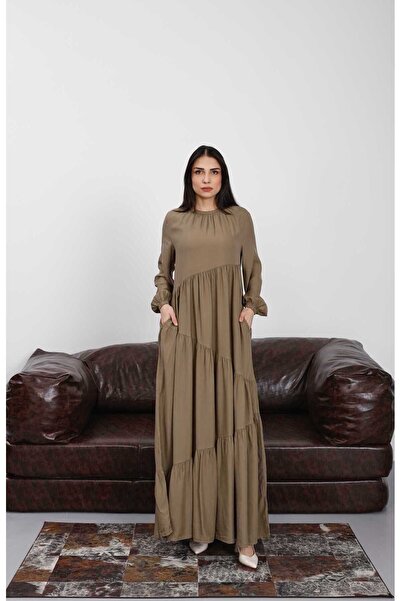 Neways 6614-Denim Büzgülü Elbise Haki