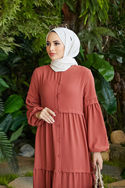 Neways 6549-Krep Düğmeli Büzgülü Ferace Taba