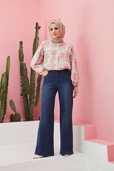 Neways 1067-Denim Bol Paça Pantolon Koyu Mavi