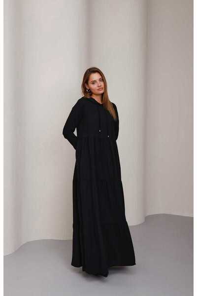 Neways 6531-Krep Kapşonlu Reglan Kollu Elbise Siyah