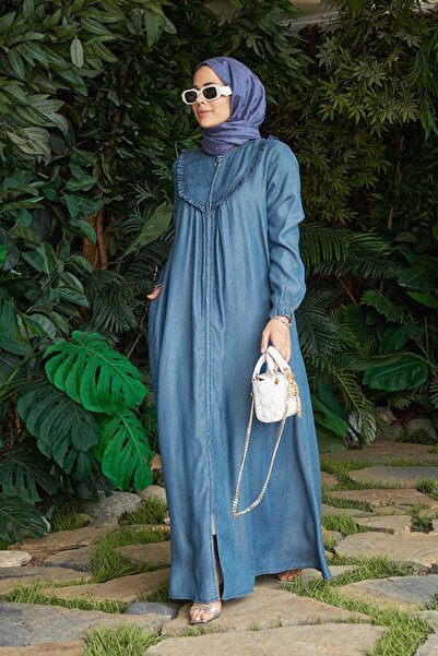 Neways 6619-Denim Fırfırlı Ferace Koyu Mavi