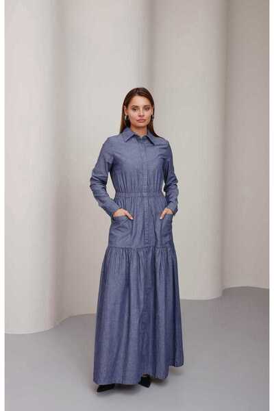 Neways 6581-Denim Bel Lastikli Düğmeli Elbise Koyu Mavi