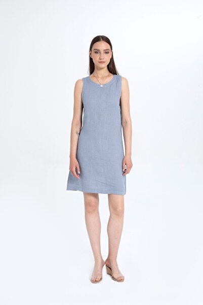 İpekçi Otantik Keten Kolsuz Yuvarlak Yakalı Elbise