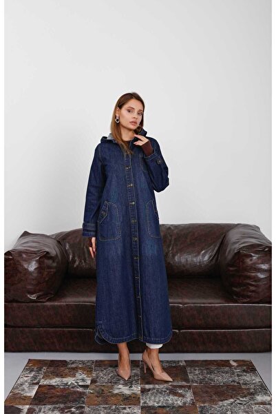 Neways 6329-Denim Kapşonlu kap Koyu Mavi