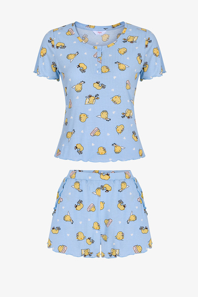 Penti Light Blue Happine Rib Shorts Pajama Set