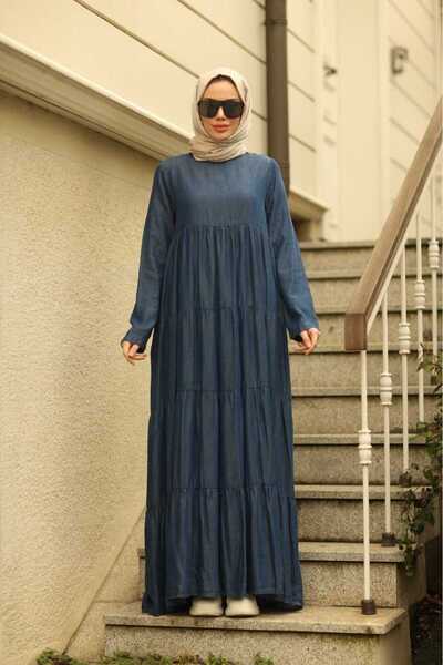 Neways 6400-DENİM BÜZGÜLÜ ÇİNGENE ELBİSE Koyu Mavi