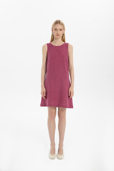 İpekçi Otantik Keten Kolsuz Yuvarlak Yakalı Elbise