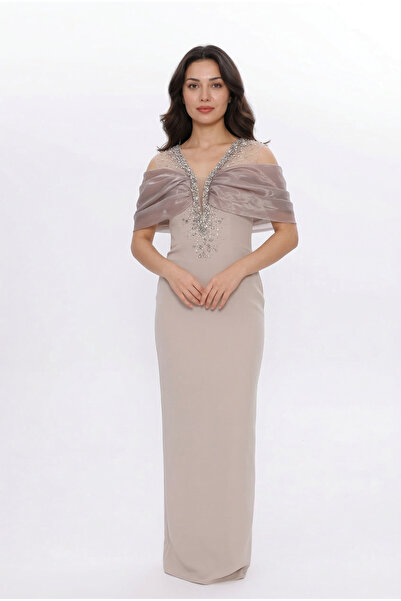 BDM Exclusive Organze Drape Detaylı Taş İşlemeli Premium Abiye Elbise