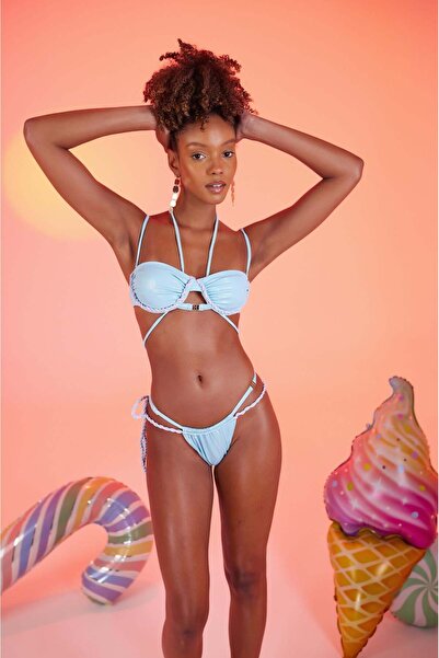 HOLLY LOLLY Custom Made Premium Mia Bikini Top with Shiny Fabric Blue