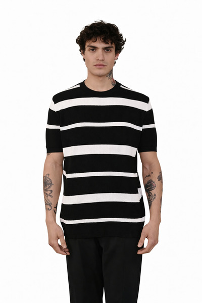 İLKCET MODA Premium oversized Μαύρο Ριγέ Πλεκτό Μπλουζάκι