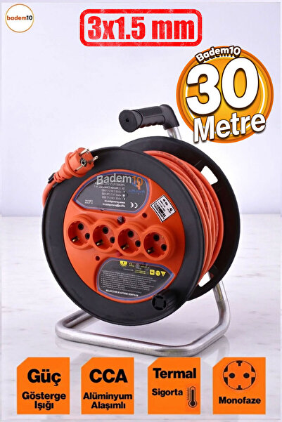 Badem10 Plastik Makaralı Uzatma Kablosu 3 x 1.5 mm 30 Metre Termal Sigortalı ...