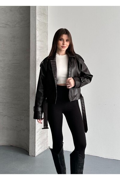 VESS MODA Jachetă din piele elegantă pentru femei, cu detaliu curea pe braț, ...