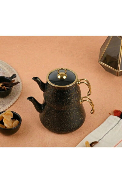 Evren طقم إبريق شاي نحاسي بأحجار ذهبية - حجم عائلي (1.6+3 لتر)