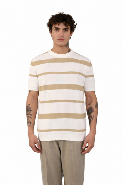 İLKCET MODA Premium oversized Κρεμ Ριγέ Πλεκτό Μπλουζάκι