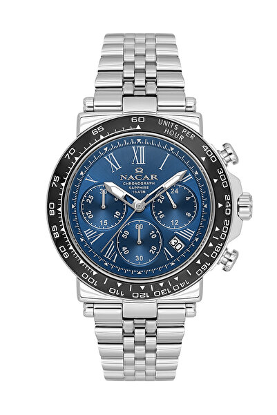 Nacar ساعة يد رجالية رياضية من الزجاج الياقوتي باللون الفضي - الأزرق NC34-29B...