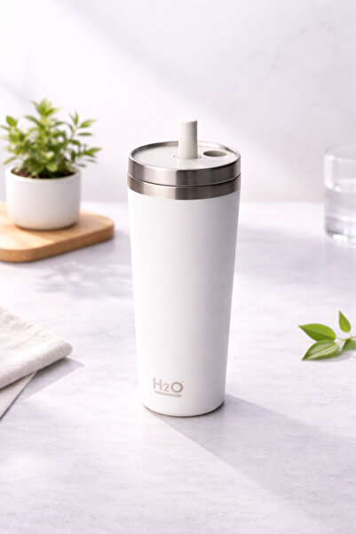 H2O Termos Kupa Paslanmaz Çelik Vakumlu Pipetli Termos Bardak | Gri 660 ml