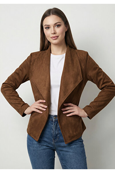 Little Visqon Kadın Süet Taba Dokulu Blazer Ceket Casual ve Günlük Ofis Stili