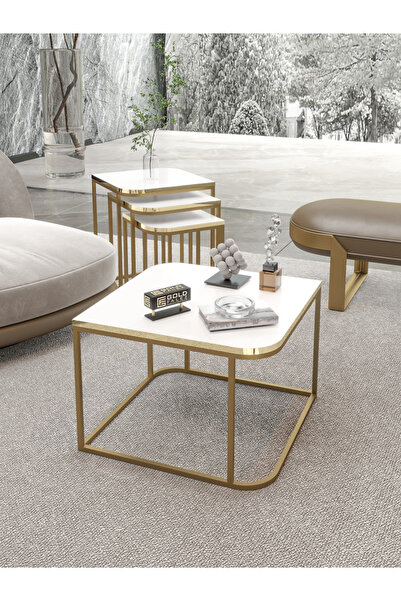 GOLDFALEZ Orta Sehpa Ve Zigon Sehpa Damla Gold Beyaz