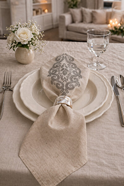 desicap Taşlı Keten Peçete 34x34 cm, Söz Nişan Masa Peçetesi, Davet Sofrası, ...