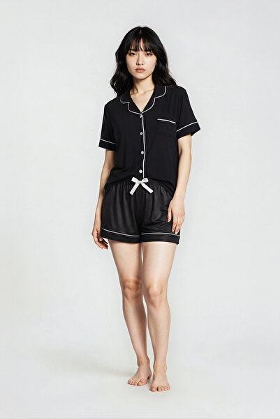 Ecrou Women's Black Plain Viscose Peter Pan collar Short Sleeve Shorts Pajama...