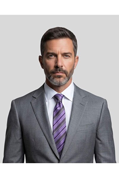 1001 Kravat ربطة عنق باللون الرمادي مخططة بعرض 8 سم باللون الأرجواني