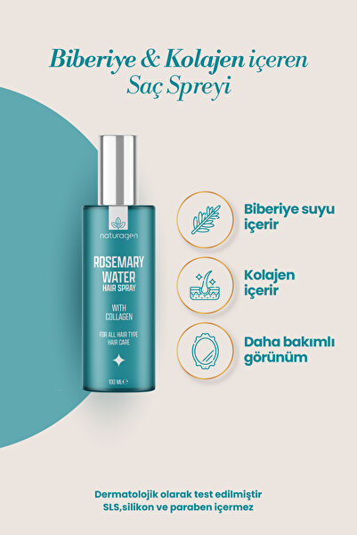 Naturagen Rosemary Water Biberiye Suyu Saç Toniği Sprey 100 ml | Kolajen İçerikli | %100 Doğal Biberiye Mayalı