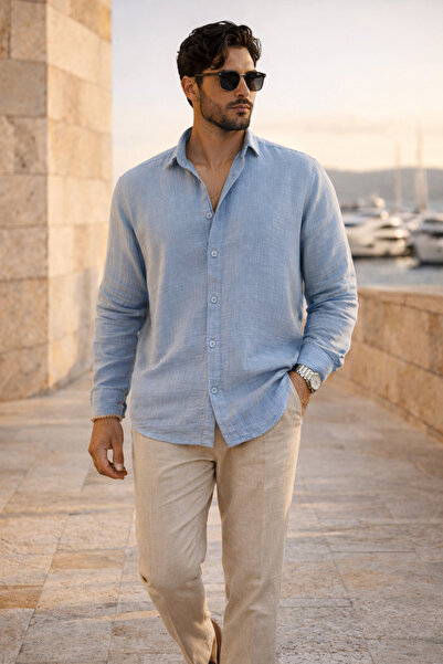 Valiberta Breathable Half Oversize Muslin Fabric Men's Shirt with Long Sleeve...