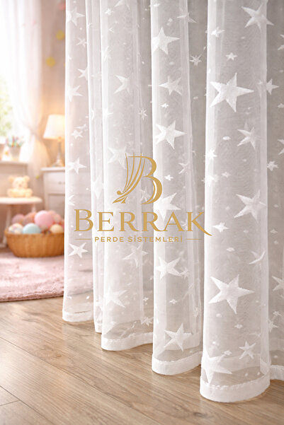 BerrakPerde Beyaz Yıldızların Altında Sık Pileli Bebek Odası Tül Perde Unisex...