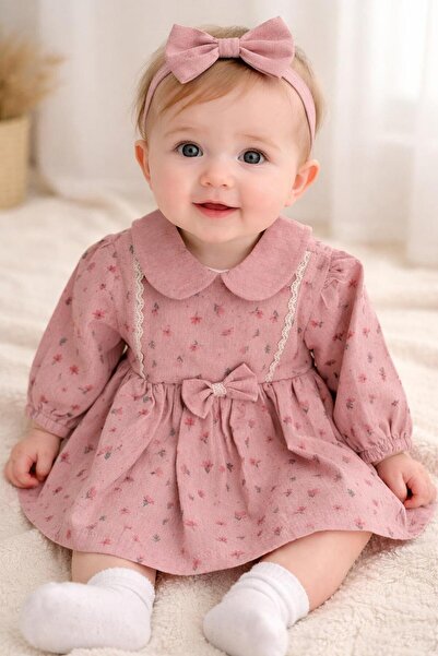 Babudi Çiçek Desenli Yakalı Kız Bebek Elbisesi (bandana yoktur)