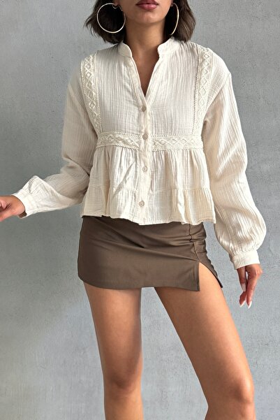 BEJNA Kadın Bej Dantel Detaylı Müslin Gömlek