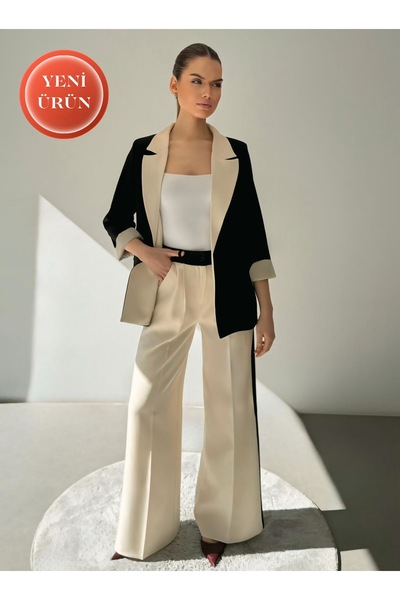 ossons Kontrast Renk Garnili Blazer Ceket Palazzo Pantolon Krem - Siyah Kadın...