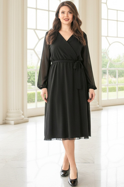 SUBU TASARIM Belt Detailed Chiffon Evening Dress Black Tbs916