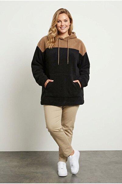 Stil Diva سويت شيرت مقاس كبير بأكمام طويلة بغطاء رأس و بجيوب وبري صوف الفليس ...