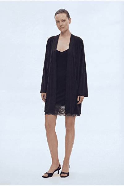 MERS SILK Modal Sabahlık+Gecelik Takım Siyah