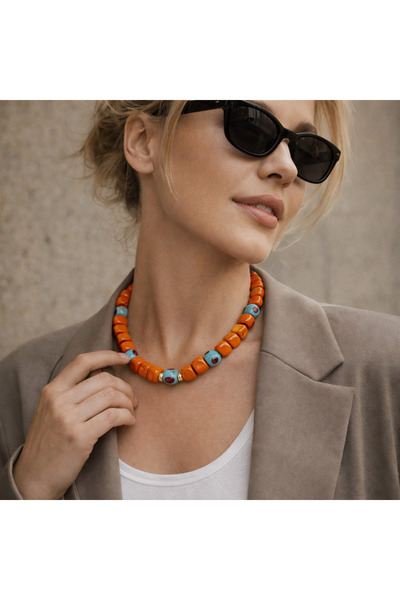 Kutcha Accessories Bodrum Boncuklu Kolye Turuncu ve Turkuaz Renkli Tasarım