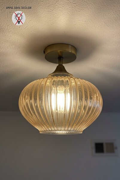 Bamyum Ruiz Cam Bal Rengi Piramit Plafonyer Başlık Tekli Avize Retro Sarkıt L...