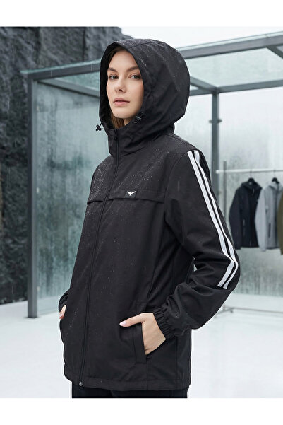 LEVEL HİGH Women's Sports Raincoat Black – Hooded , White Striped Detail , Li...