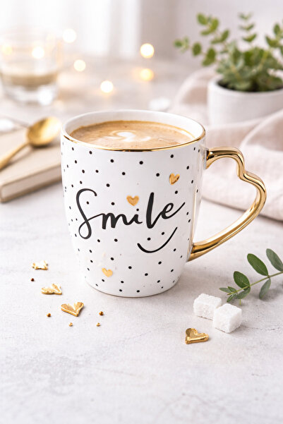 Tohana Smile Altın Kulplu Kalp Saplı Porselen Kupa Puantiyeli Çay Kahve Barda...
