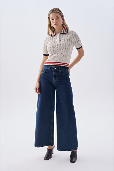 Mudo Lace-Like Knit Polo Collar Short Sleeve Sweater