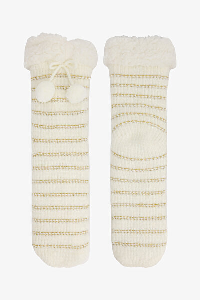 Penti Off-White Gold Striped Pompom Home Socks