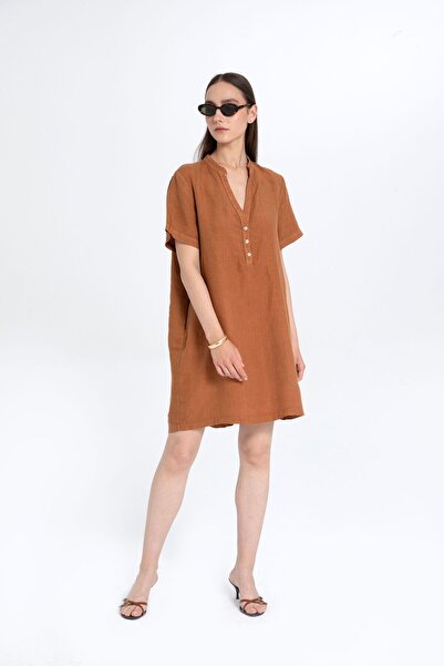 İpekçi Otantik V Yaka Keten Oversize Tunik Elbise